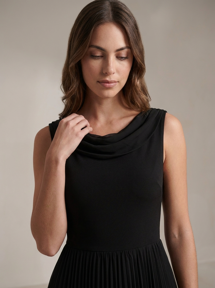 Vivienne | Women Draped Pleated Wedding Guest Midi Dress - neckline_detail_closeup