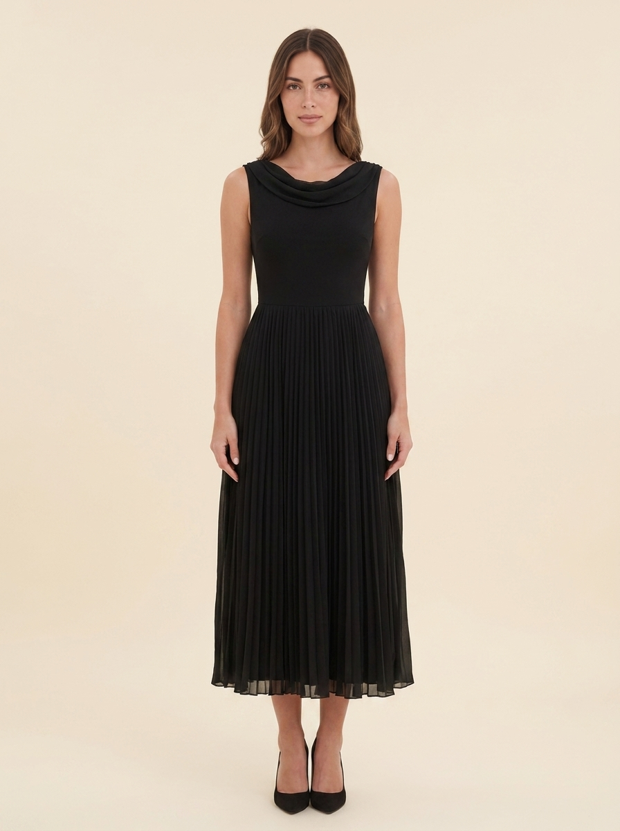 Vivienne | Women Draped Pleated Wedding Guest Midi Dress - studio_main_black