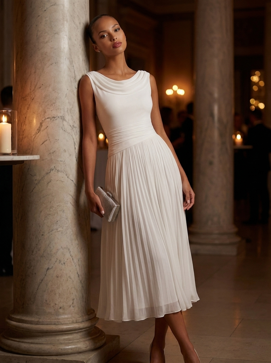Vivienne | Women Draped Pleated Wedding Guest Midi Dress - evening_reception_lean