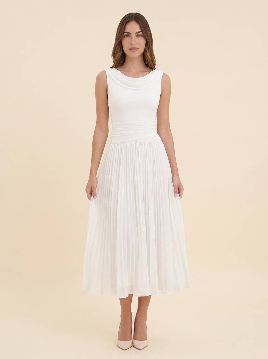 Vivienne | Women Draped Pleated Wedding Guest Midi Dress - studio_main_white