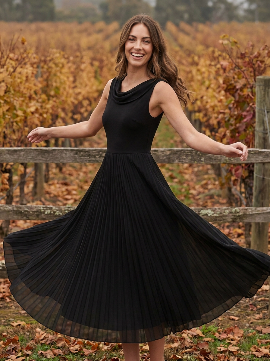 Vivienne | Women Draped Pleated Wedding Guest Midi Dress - autumn_vineyard_twirl