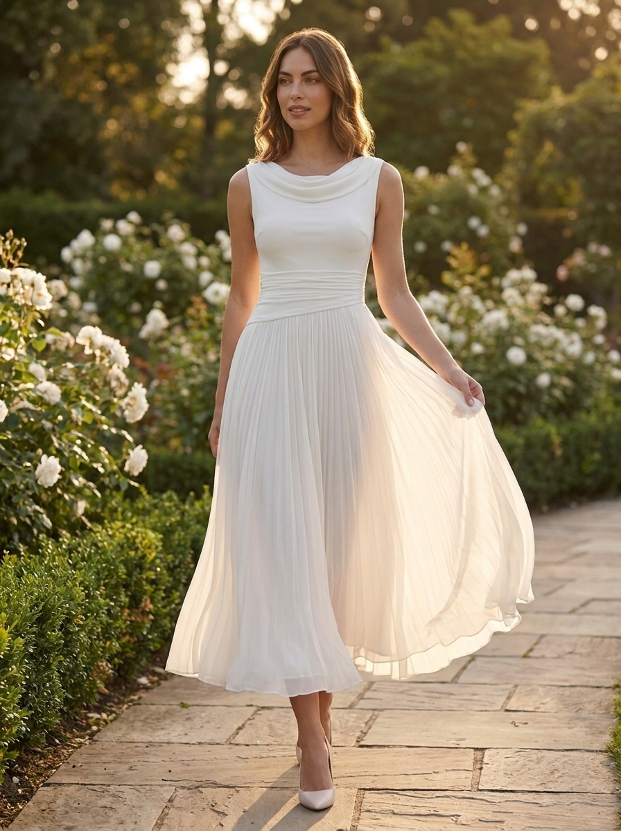 Vivienne | Women Draped Pleated Wedding Guest Midi Dress - garden_ceremony_walk